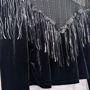 Women's velvet fringe mesh trim long sleeve glitter fitted top Small
